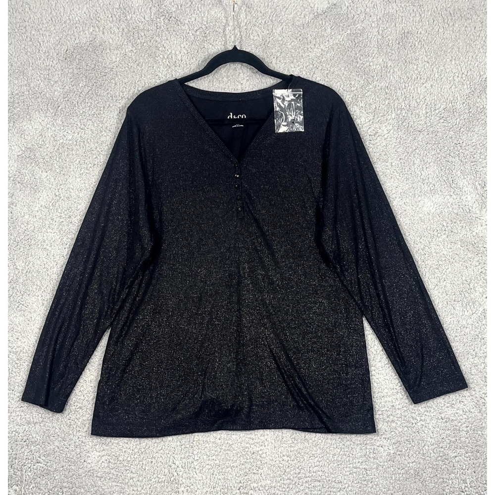 Denim & Company Henley Top Womens 1X Black Metallic Shimmer Ribbed Long Sleeve